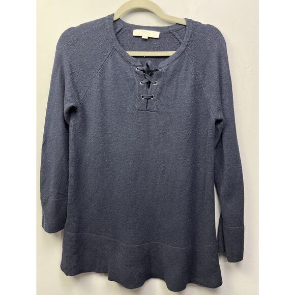 Ann Taylor Loft Sweater Womens Small Petite Blue‎ Tie Front Wool Blend Pullover - Picture 1 of 6